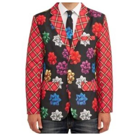 Ugly Christmas Sport Coat Jacket Blazer Bows Plaid Black Red Men's Small (34-36) - Picture 1 of 9